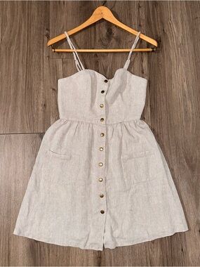 Spaghetti Strap Button-Front Mini Dress in Herringbone Light Beige